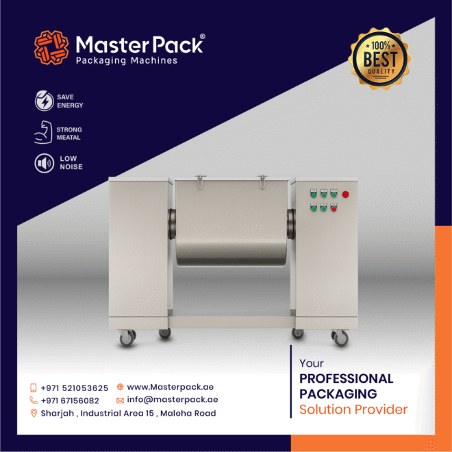Overview The Servo Vertical Paddle Mixer in Dubai, UAE from Masterpack is a high-performance mixing solution engineered for molasses, food, pharmaceutical, and chemical industries. With stainless steel construction, advanced sealing technology, and precise servo-driven mixing, it ensures durability, hygiene, and efficiency. Available in 100L, 200L, and 300L models, this mixer is designed to handle powders, granules, and damp raw materials with superior accuracy and reliability. Key Features (مختصرة) Material Versatility: Handles powders, granules & damp raw materials across multiple industries. Stainless Steel Build: Corrosion-resistant, easy to clean, GMP-compliant. Sealing Excellence: Leak-proof shaft-cell body design prevents contamination. Bearing Technology: One-way thrust + radial bearings absorb shocks & improve durability. User-Friendly: Compact design, easy cleaning, sampling mechanism for efficient operation. Capacities Available: 100L, 200L & 300L. ⚙️ Technical Specifications Volume Options 100L / 200L / 300L Loading Volume 70L Power 3.55 kW Construction Stainless Steel Applications Molasses, Food, Pharma, Chemicals Servo Vertical Paddle Mixer In Dubai